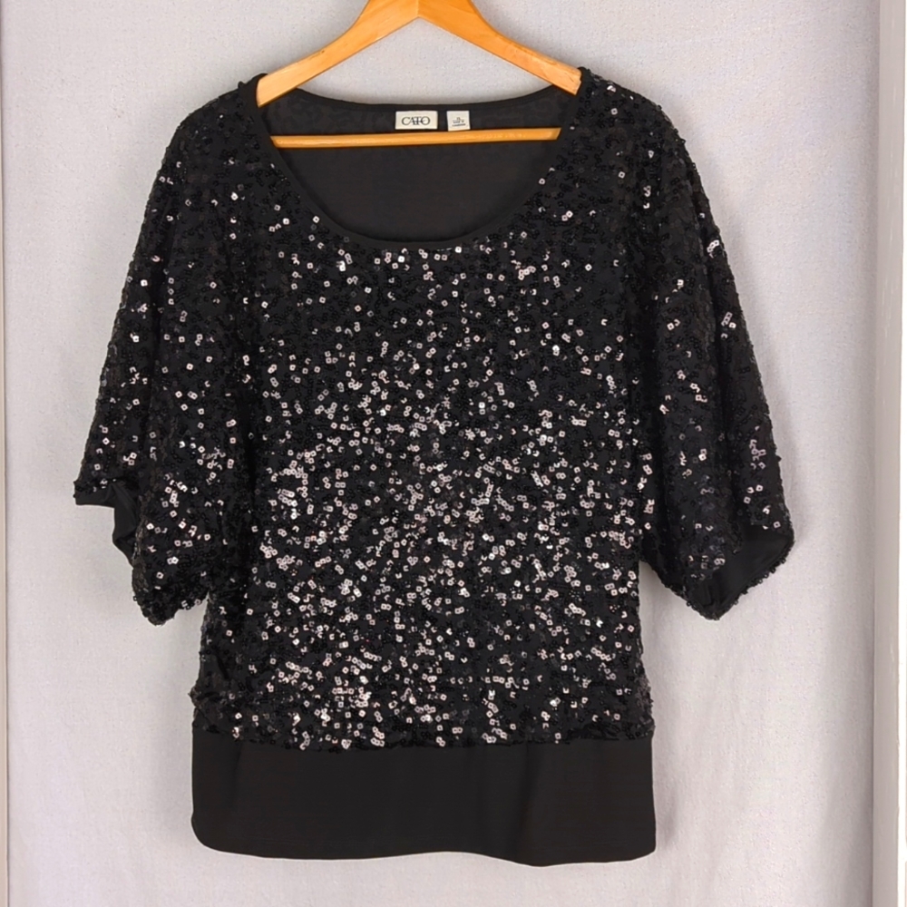 CATO Sequined Top Women's XL Black Sparkly Short Sleeve Size XL